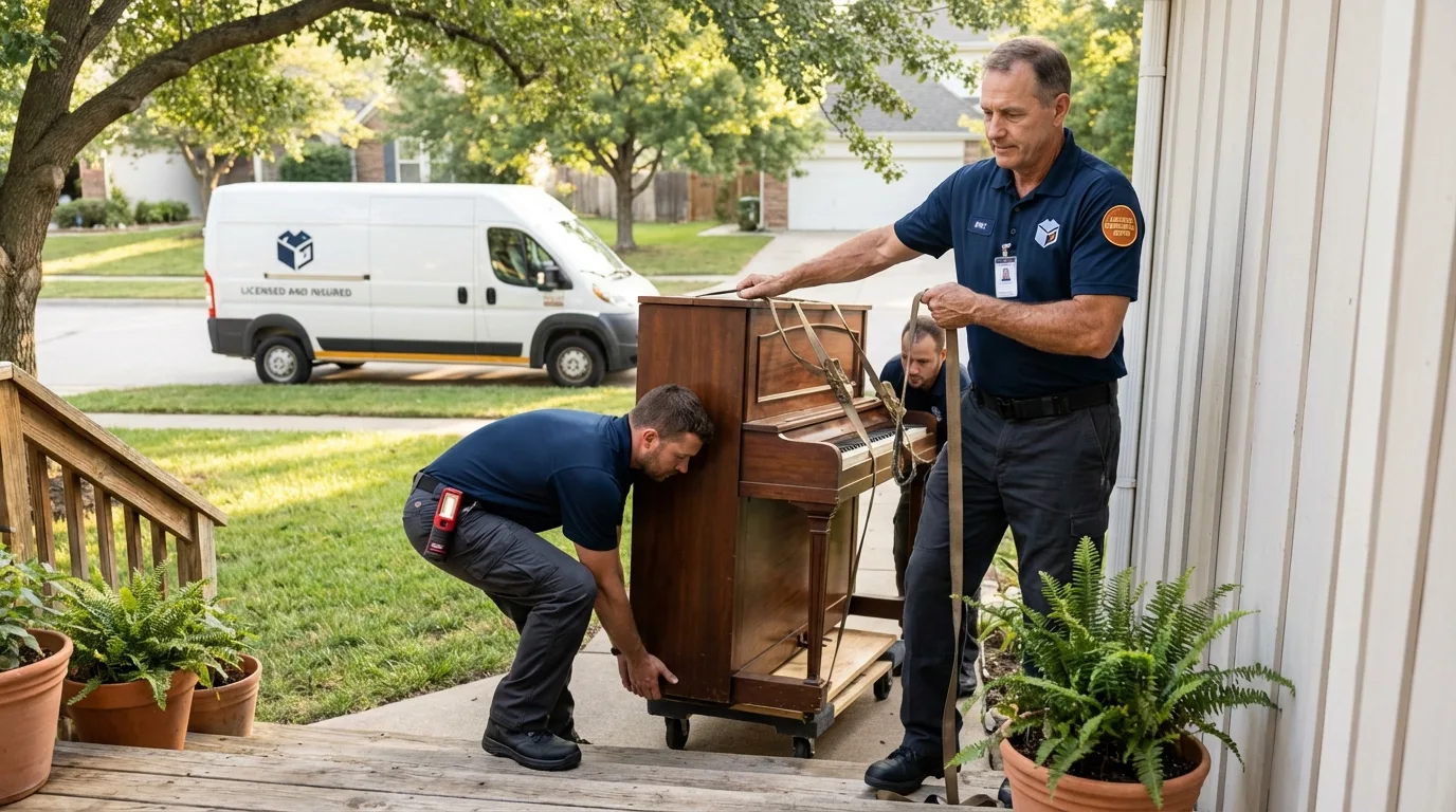 Licensed piano movers securing grand piano in Piru, CA