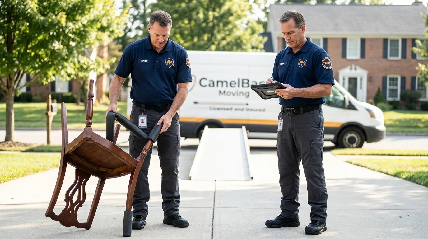 Movers inspecting furniture for damage prevention before loading in Piru, CA