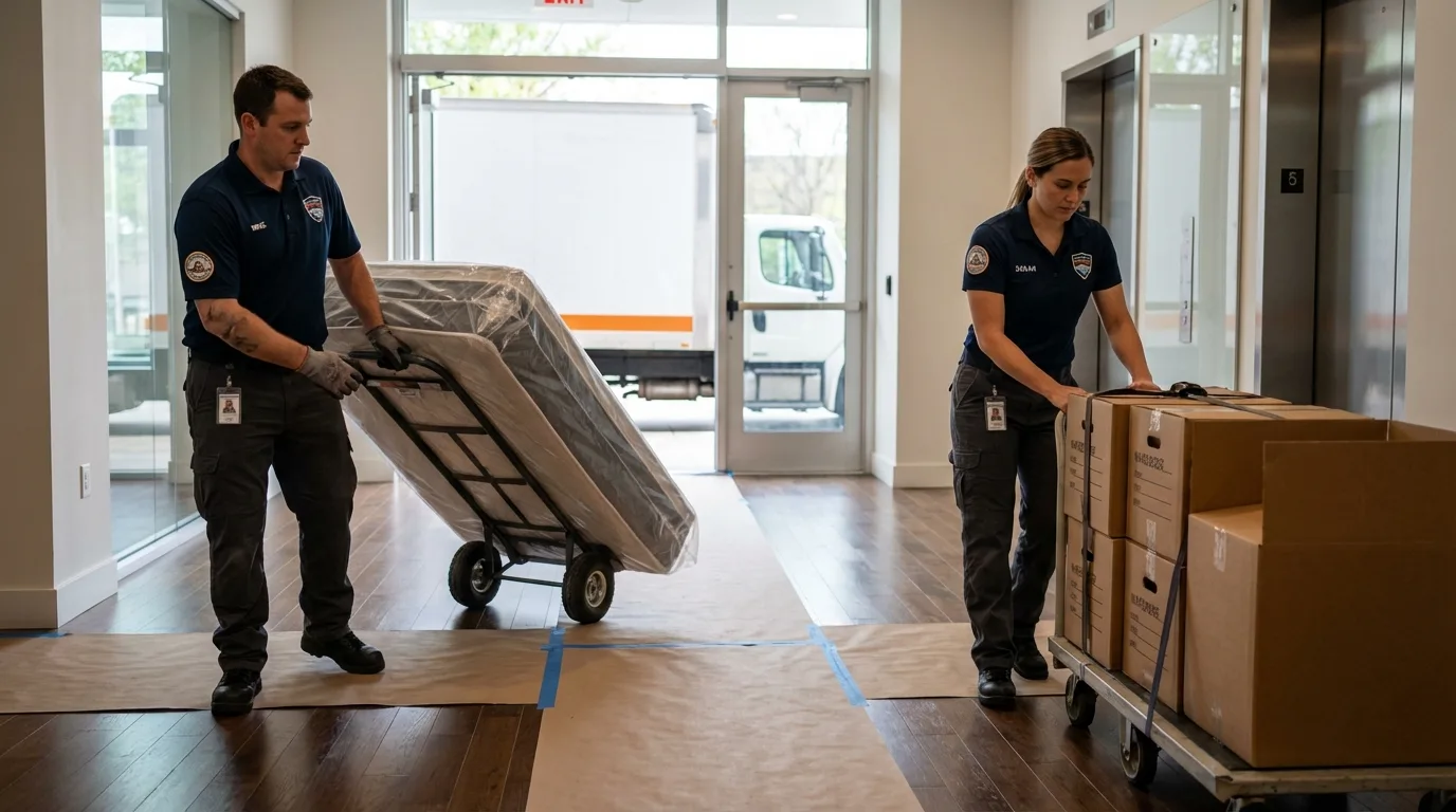 Professional apartment movers loading elevator in Piru, CA